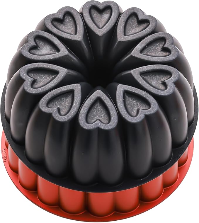 Heart Shape Aluminum Cake Pan, Titanium Coating, Non-Stick, 12 Cups, Gifts for Mom, 10 Inch Baking Mold, Cast Aluminum Fluted Tube Pan, Easy to Clean (2-Pack, Black-Red) - Image 5