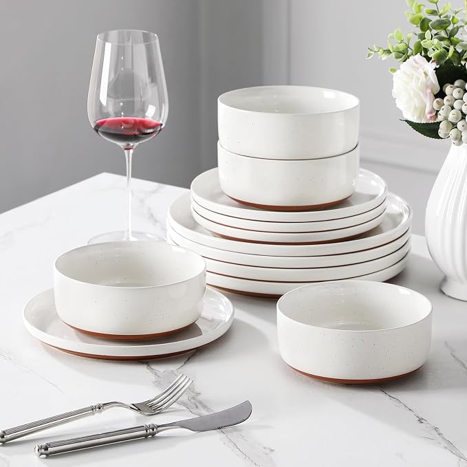 MALACASA Plates and Bowls Sets, 12 Pieces Modern Stoneware Dinnerware Set for 4 Kitchen Dinner Set Ceramic Dishware Dishes Set Microwave and Dishwasher Safe, White, Series TARA - Image 7