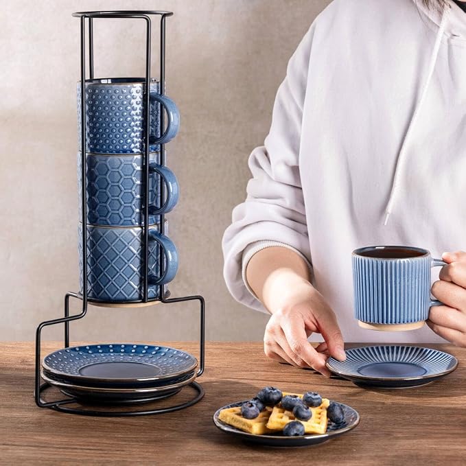 GBhome 6 OZ Stackable Coffee Mugs Set of 4, Ceramic Espresso Coffee Cups | Coffe Cups With Saucer and Stand, Dishwasher&Microwave Safe, 4 Assorted Designs - Image 5