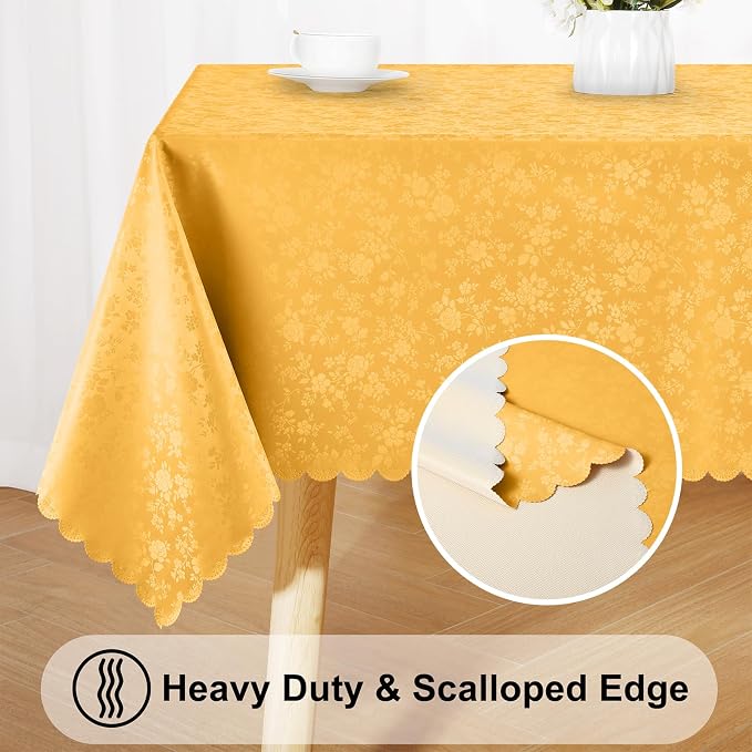 Smiry Rectangle Waterproof Heavy Duty Vinyl Tablecloths, 52 x 70 Inch | Wipeable Washable Floral Embossed Table Cover for Kitchen and Dining Room, Indoor & Outdoor Use, Mustard Yellow - Image 4
