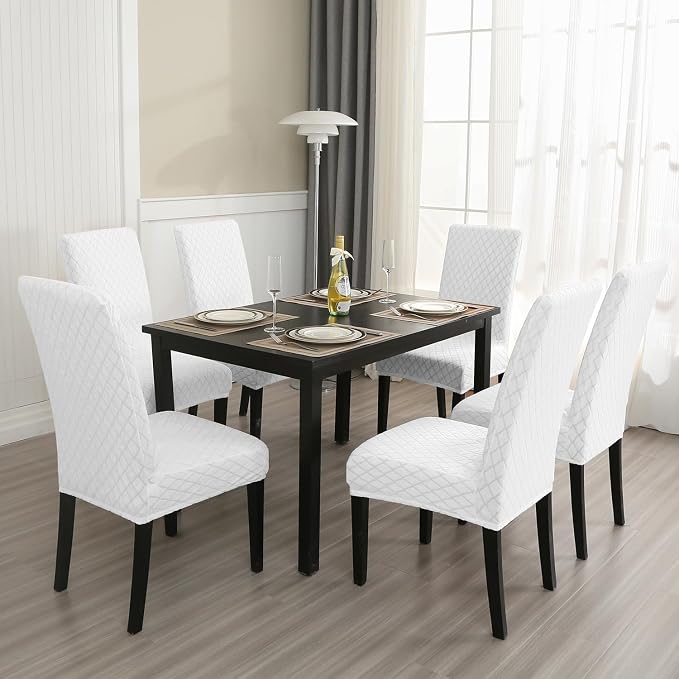MOSAYT 100% Waterproof Dining Room Chair Covers Set of 6, Super Fit Stretch Jacquard Parson Chairs Slipcovers Removable Washable Chair Seat Protectors for Home, Kitchen, Banquet (White) - Image 7