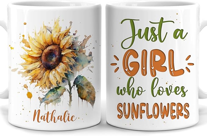 Hyturtle Personalized Gifts Sunflower Lover - Just A Girl Who Loves Sunflowers Custom Name Ceramic Coffee Mug Cup 11oz - Perfect Idea Gifts For Women, Girl Daughter On Birthday, Christmas by Hyturtle