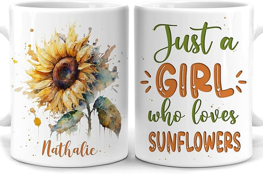 Hyturtle Personalized Gifts Sunflower Lover - Just A Girl Who Loves Sunflowers Custom Name Ceramic Coffee Mug Cup 11oz - Perfect Idea Gifts For Women, Girl Daughter On Birthday, Christmas by Hyturtle