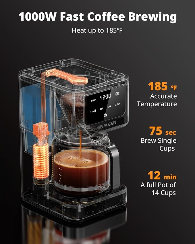 AIRMSEN 14-Cup Programmable Drip Coffee Maker | 1000W Fast Brew, 24H Timer, 2-Hour Keep Warm, 4/6/8/10/14-Cup Selection, 73oz Tank & Glass Carafe for Home Office - Image 5