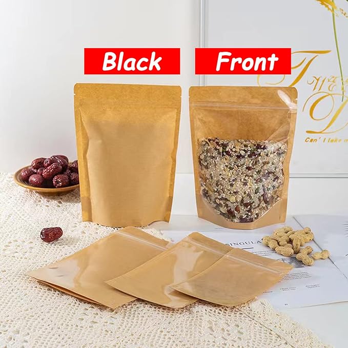 100 PCS Stand Up Pouches, 5.5 x 7.8 inch Kraft Paper Food Bags with Clear Window, Reusable Zipper Food Storage Bags Resealable Pouches for Foods, Coffee Beans, Snacks - Image 2