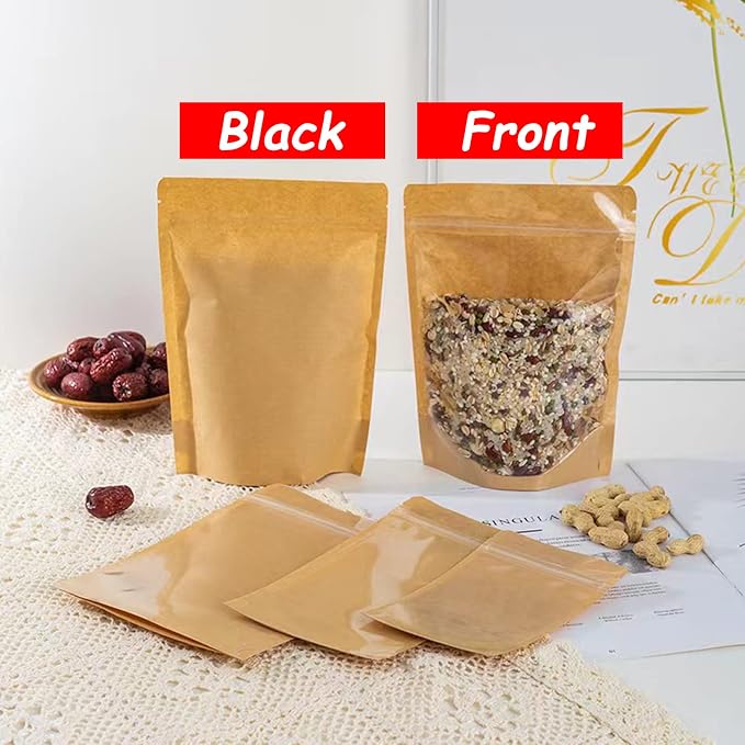 100 PCS Stand Up Pouches, 4.7 x 7.8 inch Kraft Paper Food Bags with Clear Window, Reusable Zipper Food Storage Bags Resealable Pouches for Foods, Coffee Beans, Snacks - Image 3