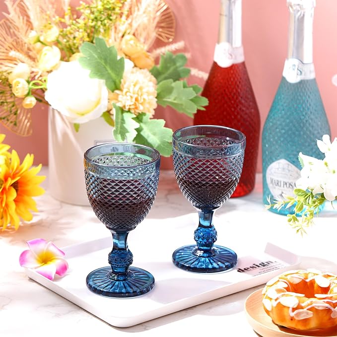 Bokon 12 Pack Blue Glass Goblets Set 10 oz High Clear Wine Glass Vintage Water Goblets Cups Embossed Diamond Design Glassware with Stem for Drinking Juice Liquor Party Wedding Bar - Image 2