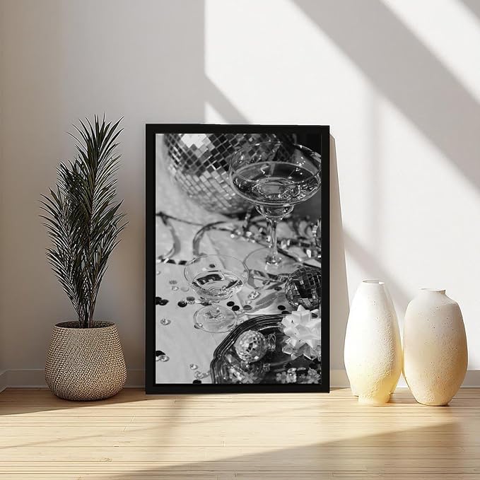 UXCBIA Disco Party, Champagne And Mirror Ball, Black And White, Wine Glasses Poster Canvas Poster Bedroom Decor Sports Landscape Office Room Decor Gift Black Frame 24x36in(60x90cm) - Image 6
