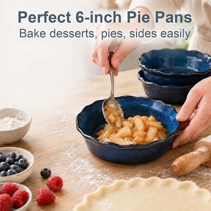 ONEMORE 6 Inch Ceramic Mini Pie Pans Set of 4, Deep Dish Pie Plates with Fluted Edges, Blue Gradient Small Baking Dishes for Pot Pies, Quiche, Tarts and Individual Desserts, Oven Safe - Image 2