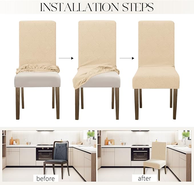 MOSAYT 100% Waterproof Dining Room Chair Covers Set of 4, Super Fit Stretch Jacquard Parson Chairs Slipcovers Removable Washable Chair Seat Protectors for Home, Kitchen, Banquet (Beige) - Image 5