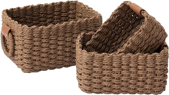 LA JOLIE MUSE Small Wicker Baskets for Organizing, Brown 3 Pack | Decorative Organizer with Vegan Leather Tag, Round Handle, Storage Baskets for Shelves, Bedroom, Kitchen, Office and Home by LaJol%C3%ADeMuse