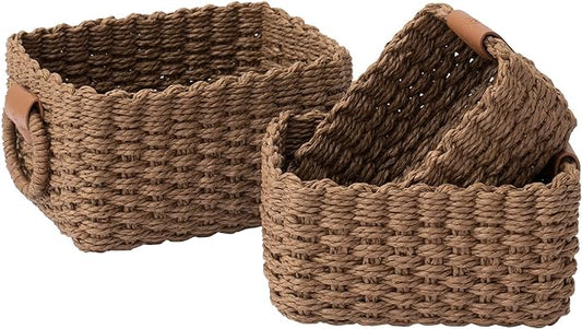 LA JOLIE MUSE Small Wicker Baskets for Organizing, Brown 3 Pack | Decorative Organizer with Vegan Leather Tag, Round Handle, Storage Baskets for Shelves, Bedroom, Kitchen, Office and Home by LaJol%C3%ADeMuse