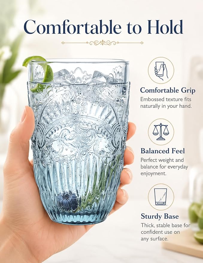13 OZ 6 Pack Vintage Drinking Glasses Set, Colorful Textured Glass Water Tumblers Cups -Embossed Striped Glassware for Water, Cocktails, Juice, Iced Coffee, Beer(Imperial Arch style) - Image 4