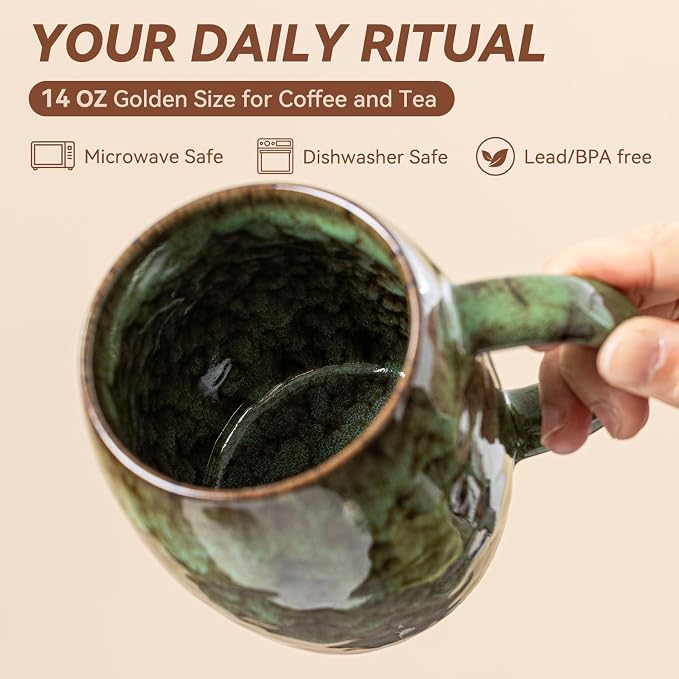Unique Reactive Glaze Ceramic Coffee Mug - 14 oz Large Coffee Cup with Ergonomic Handle, Forest Green Ceramic Mug for Office & Home, Great Birthday Gift for Women, Men & Friends, Microwave Safe - Image 6