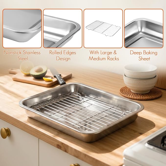 Baking Sheet with Rack Set, Stainless Steel Baking Sheet with Wire Rack Set - 2 Pans & 2 Racks, Oven Safe Baking Tray for Cookies, Bread, Pastries, and Roasting, 16x12x2 inch & 14x11x2 inch - Image 2