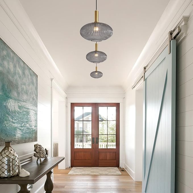 KCO Vintage Gold Brass 11.8” Large Smoke Gray Ribbed Glass Pendant Light | E26 Base, Oval Lantern Shade, Mid Century Modern Adjustable Hanging Lamp for Kitchen Island Dining Room Entryway Bedroom Bar - Image 5