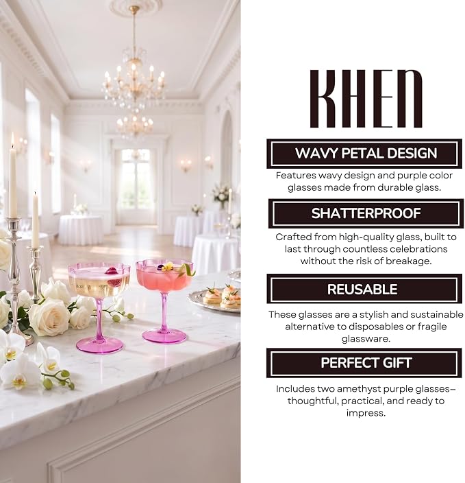 Khen Flower Vintage Wavy Glass Coupes Martini, Champagne & Cocktail Coupes - Set of 2-7oz Colorful Cocktail Glasses & Champagne, Prosecco, Mimosa Glassware Copyright Design - Amethyst Purple - Image 5