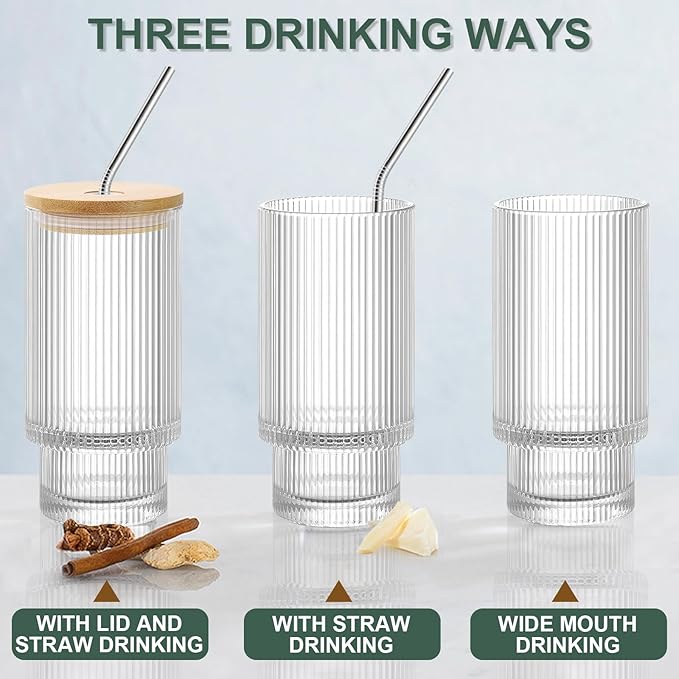 16oz Glass Cups with Lids and Straws - 4 Pack Iced Coffee Cups, Clear Tumbler with Bamboo Lid & Straw, Reusable Ribbed Glassware for Matcha, Smoothie, Cocktail,Juice