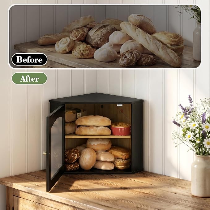 LAMU Corner Bread Box for Kitchen Countertop, Bamboo Wood Bread Storage | 2-Tier Storage Bin with Magnetic Acrylic Door, Large Capacity Organizer for Homemade Bread, Coffee, Fruit & Spices, Black - Image 8