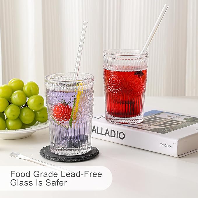 ZMOWIPDL Drinking Glasses Set of 6,13oz Flower Design Clear Glass Cups | Vintage Glassware,Textured Tumblers,Embossed Striped Drinkware for Water,Cocktails,Juice,Iced Coffee - Image 4