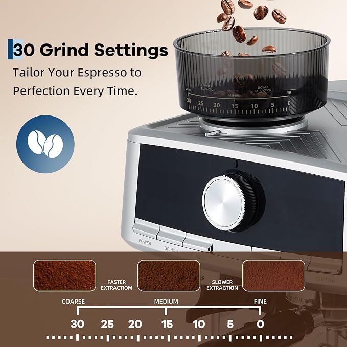 Espresso Machine with Grinder, Professional Coffee Machines | with Milk Frother Steam Wand, Espresso Maker with 50oz Removable Water Tank, Cappuccino & Latte Machine for Home - Image 2