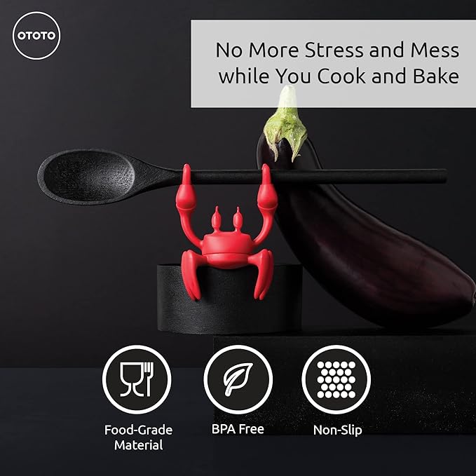 OTOTO 2 in 1 Silicone Spoon Rest & Steam Releaser - Large Spoon Holder for Stove Top - Unique and Useful Gift for Cooking - Heat Resistant Utensil Rest, Kitchen Gadgets, Red Gift (Red the Crab) - Image 2