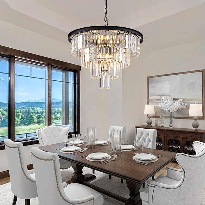 10 Light Black Crystal Chandelier 24'' Modern Round Chandeliers for Dining Room Contemporary Ceiling Pendant Light Fixture 4-Tier Adjustable Height E12 for Living Room Foyer Entryway - Image 2