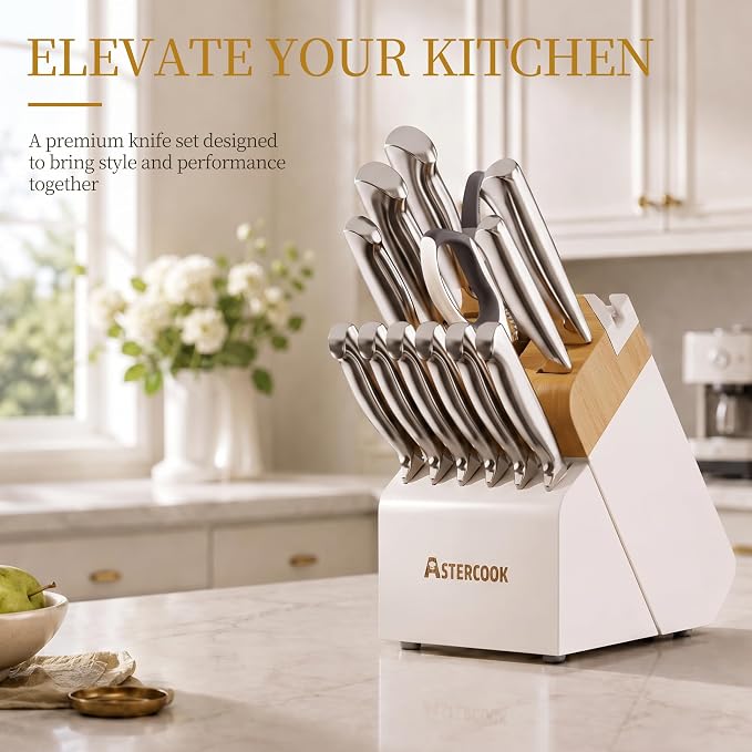 Astercook Knife Set for Kitchen with Block Sharpener 14Pcs Dishwasher Safe | Full Tang Stainless Steel Knives and Anti-Slip Ergonomic Handle Utensils Set - Image 6
