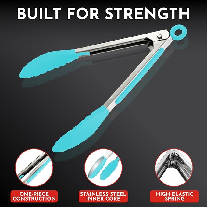 Kitchen Tongs - 12, 9 & 7 Inch Locking Silicone Tongs for Cooking, Set of 3 | Aqua Tongs with Silicone Tips, Heat Resistant Tongs for Grilling, Serving, Mixing - Image 4