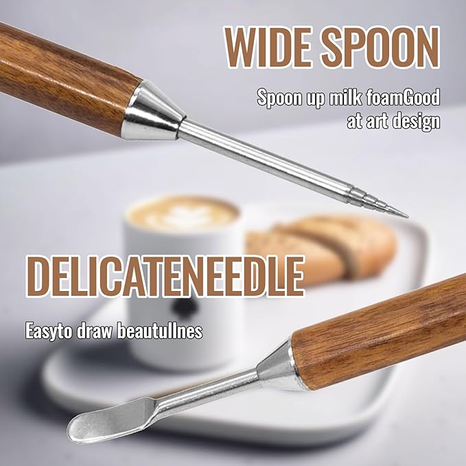 Rosewood Handle Latte Art Pen - Professional Stainless Steel Coffee Drawing Tool for Baristas & Home Coffee Lovers, Cappuccino Espresso Foam Design Carving Needle