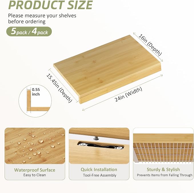 Wire Shelf Covers, Bamboo Wire Rack Covers for Pantry, Closet，Kitchen (5pcs, 24" W x 16" D, Natural) - Image 2