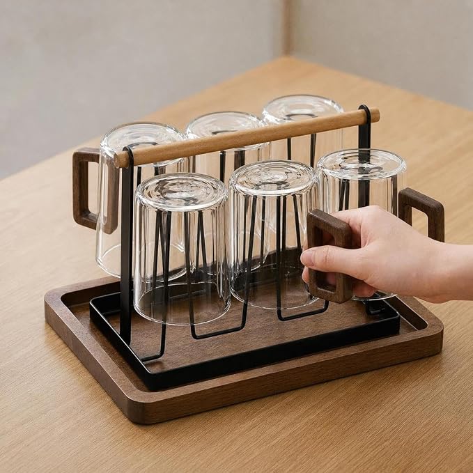 Borosilicate Glassware Set - Heat Resistant Drinking Glasses Set for Hot and Cold - for Home Use, Transparent wooden handle cups (300ML)*6 + wooden handle cup holder + tray - Image 5