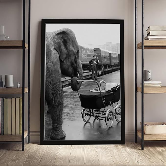 Elephant Pushing A Baby Carriage, London 1950, Black And White Vintage, Funny Animal Poster Canvas Poster Wall Art Decor Print Picture Paintings for Living Room Bedroom Decoration Black Frame 24x36in( - Image 4