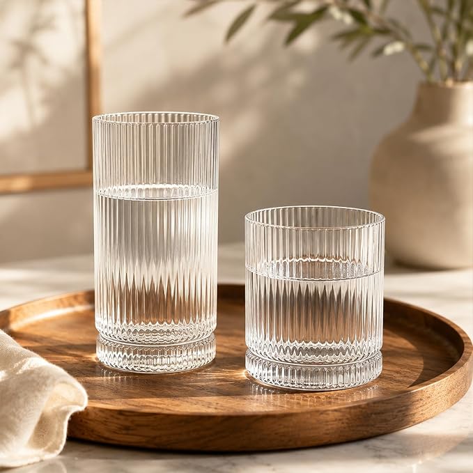 KEMORELA Ribbed Glassware Set of 8—4 Large Capacity Highball Glasses 16oz, 4 Rocks Glass Cups 13oz, Cocktail Glasses, Drinking Glasses Ideal for Beer, Juice, Ice Coffee Cup, Whiskey, Mixed Drinkware - Image 7