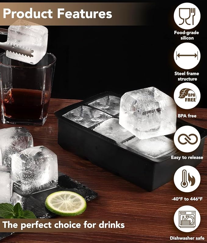 Silicone Ice Cube Trays for Freezer – Large Square Ice Cube Molds, BPA-Free, Easy-Release Ice Cube Maker for Whiskey, Cocktails & Drinks, Stackable Freezer Ice Molds,Dishwasher Safe(12 Cubes,Black)