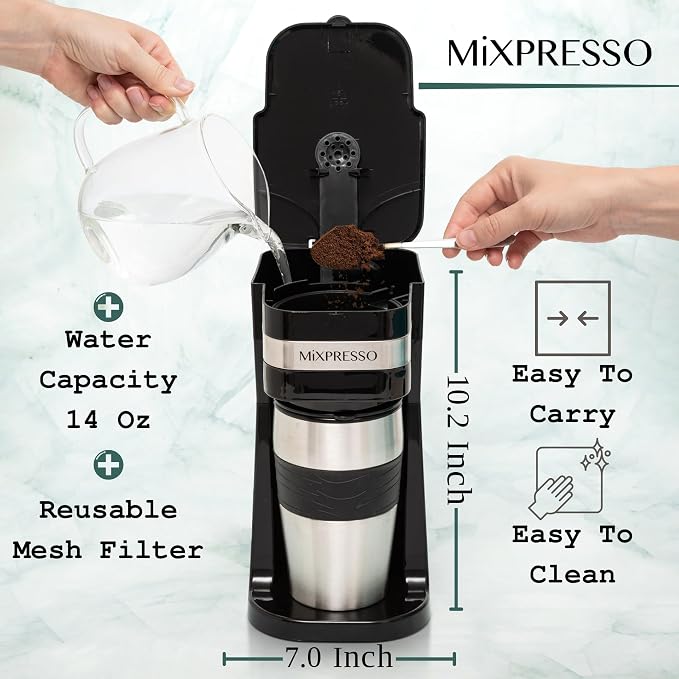 Mixpresso Single Serve & Single Cup Coffee Maker with 14oz Travel Mug Black | For ground coffee only, reusable filter, auto shut off. Compact personal drip coffee maker, not compatible with K-Cup pods. - Image 3