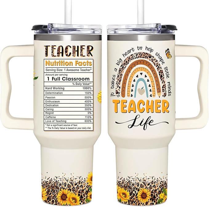 Teacher Appreciation Sunflower Tumbler 40Oz With Handle - Christmas and Graduation Gifts for Women, Thank You From Students
