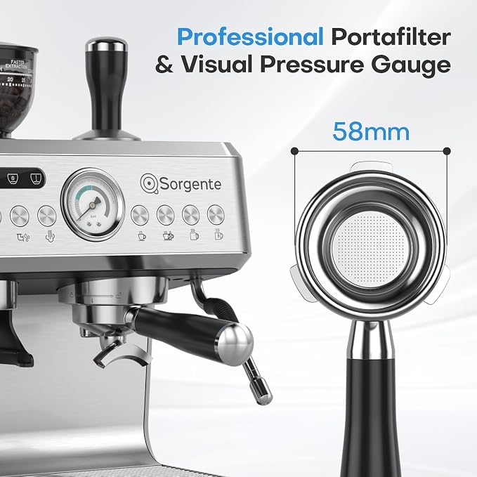 Sorgente Espresso Machine with Grinder, Brushed Stainless Steel | Professional Coffee Maker with Built-in Grinder, Easy to Clean with this Semi-Automatic Coffee Machine,Durable for Home Use - Image 2