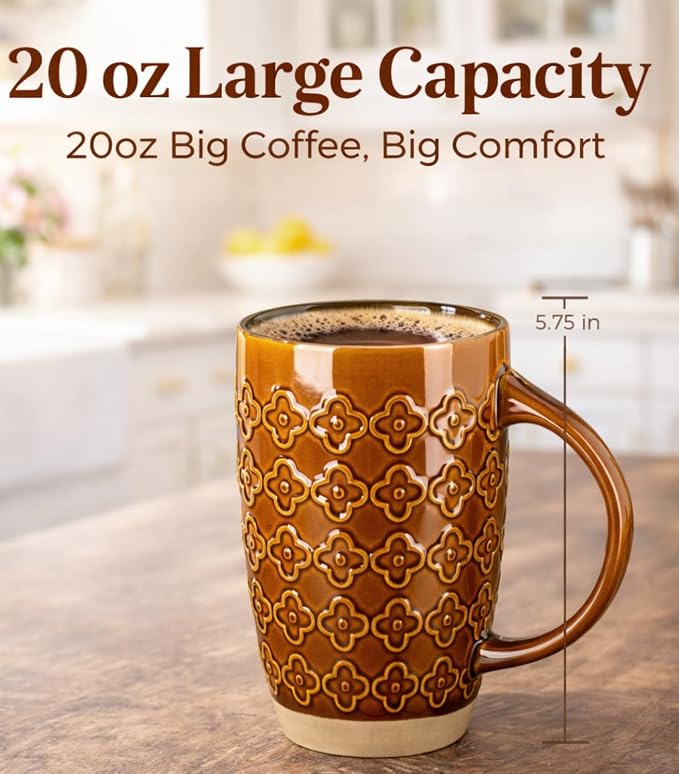 GBhome 20oz Large Coffee Mugs Set of 6, Handmade Tall Ceramic Coffee Mugs with Texture Patterns for Cappuccino, Latte,Hot Cocoa, Dishwasher & Microwave Safe - Image 2