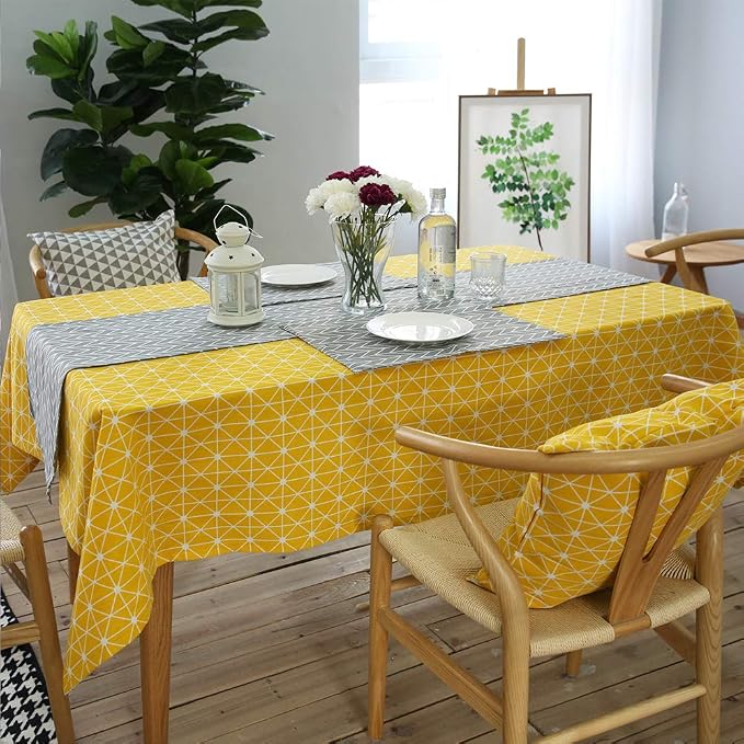 meioro Yellow Boho Table Cloth Rectangle Cotton Linen Nordic Twill Tablecloths Wrinkle Free Fabric Checkerboard Stripe Table Cloths Rustic Cover for Kitchen Dining Party Outdoor Picnic(55 x 86 Inch) - Image 2