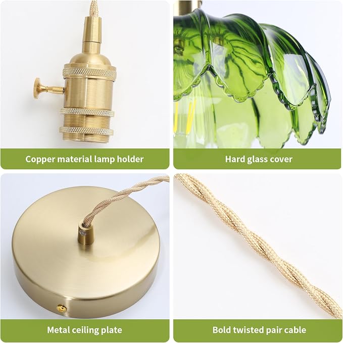 Vintage Pendant Light Green Mid Century Modern Pendant Light with Hand Blown Glass Shade Nordic Style 10" Gold1-Light Farmhouse Chandelier Ceiling Hanging Light fixtures for Dining Room Bedroom - Image 3