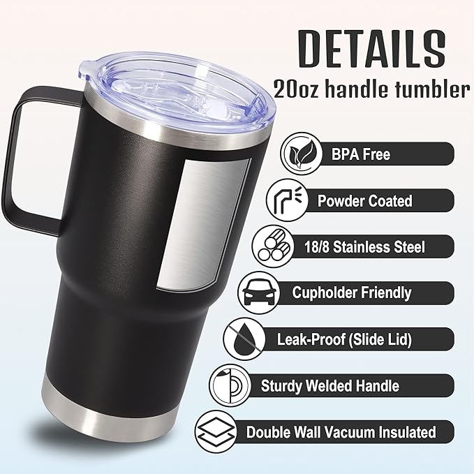 20 oz Tumbler with Handle and Lid Insulated Travel Coffee Mug Black 1P | Stainless Steel Tumbler, coffee tumbler with handle,Spill Proof Double Wall Vacuum Tumbler Cup Keep Drink Hot & Cold - Image 3