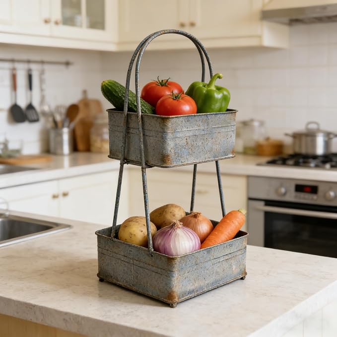 Vintage Metal Storage Basket 2-Tier 25.98" H Farmhouse Distressed Kitchen Counter Organizers Rustic Double-Layer Organizing Bin for Kitchen Pantry (Gray) - Image 4