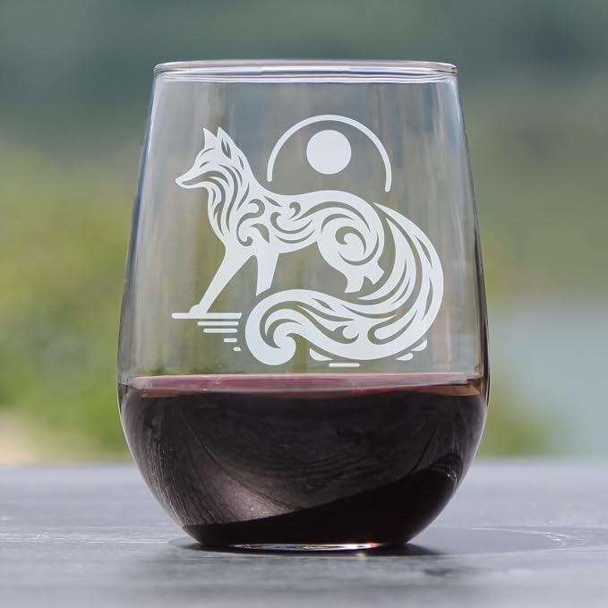 Engraved Fox Stemless Wine Glass 17oz, Etched Design, Animal Lover, Boho Woodland Creature Glassware - Image 2