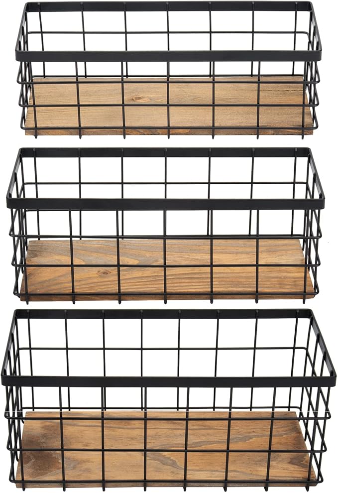 TIEYIPIN Farmhouse Decor Metal Wire Storage Baskets, Wood Base Containers Organizing Basket Caddy Bin for Kitchen Cabinets, Bathroom, Pantry, Garage, Laundry Room, Closets - Small - Black (Set of 3) by TIEYIPIN