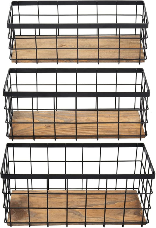 TIEYIPIN Farmhouse Decor Metal Wire Storage Baskets, Wood Base Containers Organizing Basket Caddy Bin for Kitchen Cabinets, Bathroom, Pantry, Garage, Laundry Room, Closets - Small - Black (Set of 3) by TIEYIPIN