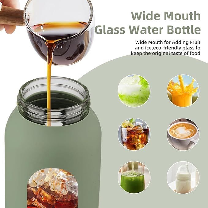 32 oz Glass Water Bottle with 2 Lids-Handle Straw Lid & Bamboo Lid,1 Liter Motivataional Tumbler Water Bottle Time Marker, Borosilicate Glass Water Bottles With Silicone Sleeve, Leakproof