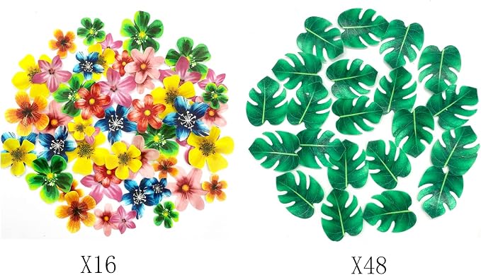 64Pcs Tropical Palm Leaves and Hawaii Flowers Cupcake Toppers Hawaii Theme Cake Decoration for Jungle Summer Party Birthday Wedding Cake Decor - Image 3
