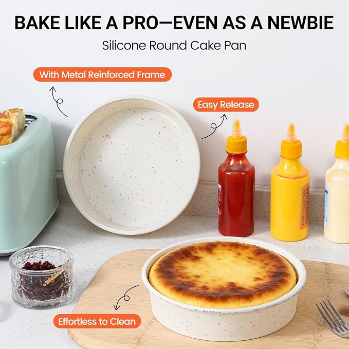 CAKETIME 8 Inch Silicone Round Cake Pan with Metal Reinforced Frame Set of 2, Non-stick & BPA Free, Even Heat Distribution, Stackable & Dishwasher Safe - Image 2