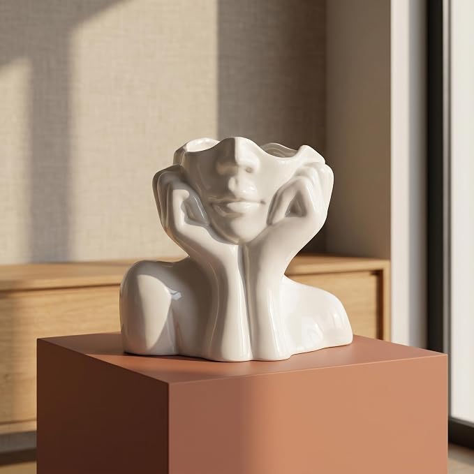 Ceramic Face Vase - Cute Half-Body Female Head Planter for Flowers, Modern Farmhouse Decor - Perfect for Desk, Table & Bookshelf, Home Accent - Image 6